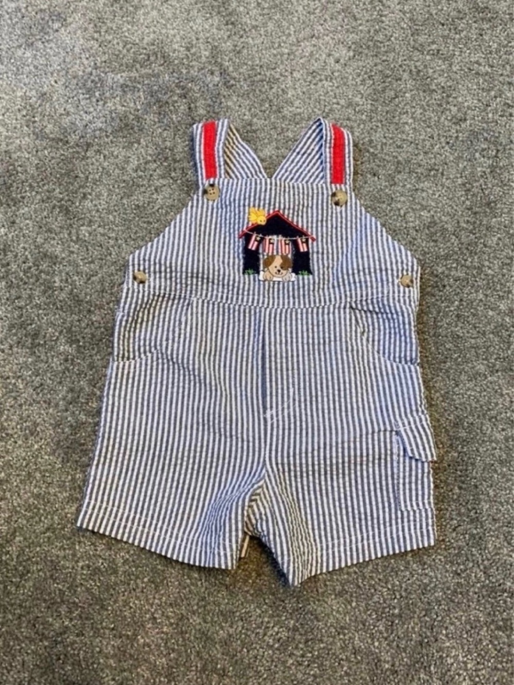 Starting Out Blue & White Striped Short Overalls with Puppy Patch
